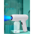 White handheld k5 pro electric sanitizer sprayer with transparent liquid reservoir and blue light disinfection gun nozzle