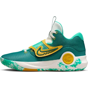 Teal and yellow nike mens basketball kd 12 shoe with clear jade geode mesh upper bold swoosh and white midsole size 7.5