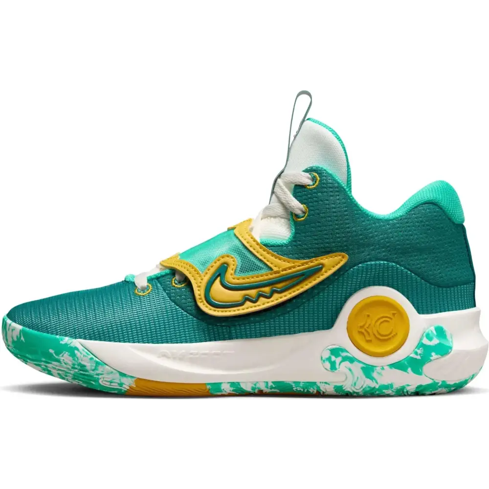 Teal and yellow nike mens basketball kd 12 shoe with clear jade geode mesh upper bold swoosh and white midsole size 7.5
