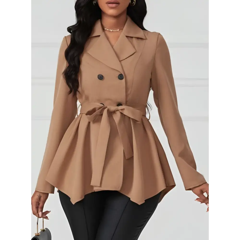Beige khaki peplum casual fit jacket with double-breasted black buttons and matching belt tied at the waist