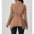Beige khaki peplum casual fit jacket with long sleeves and a belted waist for a tailored silhouette