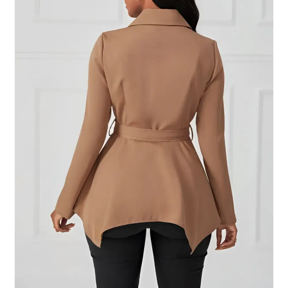 Beige khaki peplum casual fit jacket with long sleeves and a belted waist for a tailored silhouette