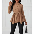 Khaki peplum casual fit jacket in beige with double-breasted black buttons and matching waist belt tied