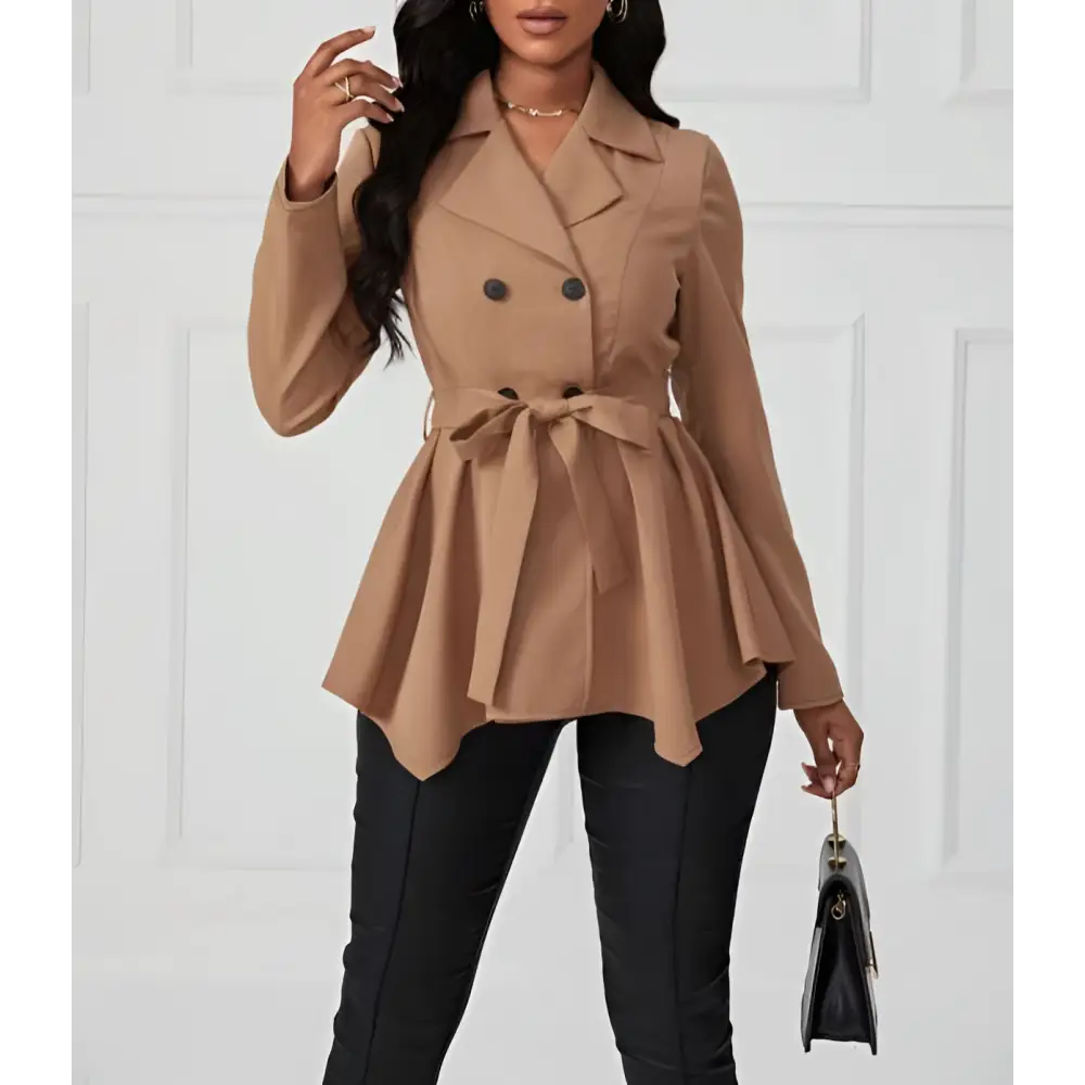 Khaki peplum casual fit jacket in beige with double-breasted black buttons and matching waist belt tied