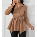 Beige khaki peplum casual fit jacket with double-breasted design and tied waistband belt for stylish wear