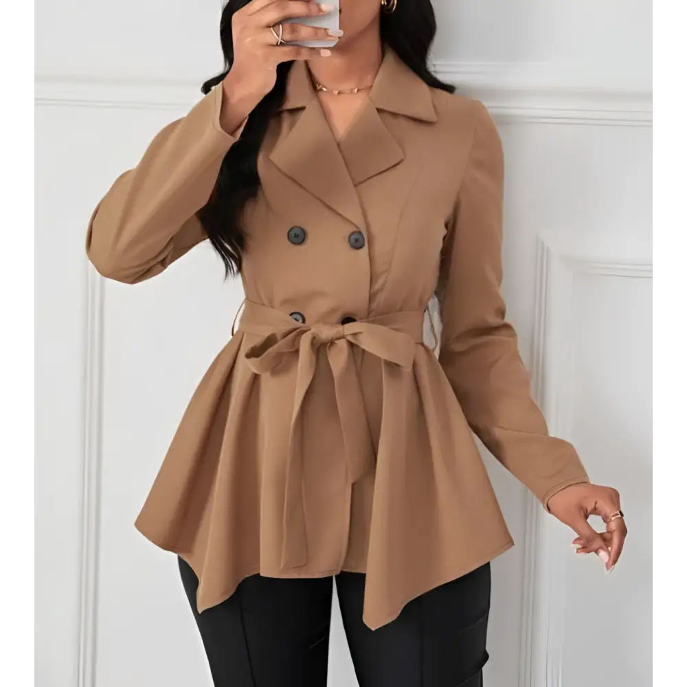 Beige khaki peplum casual fit jacket with double-breasted design and tied waistband belt for stylish wear