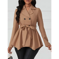 Beige khaki peplum casual fit jacket with double-breasted black buttons and matching belt tied at the waist