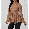 A tan khaki peplum casual fit jacket with a double-breasted design, belted waist, and flared hem