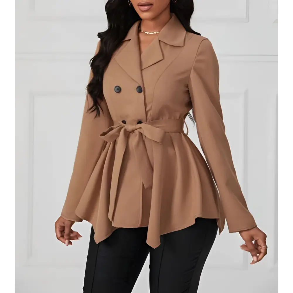 A tan khaki peplum casual fit jacket with a double-breasted design, belted waist, and flared hem