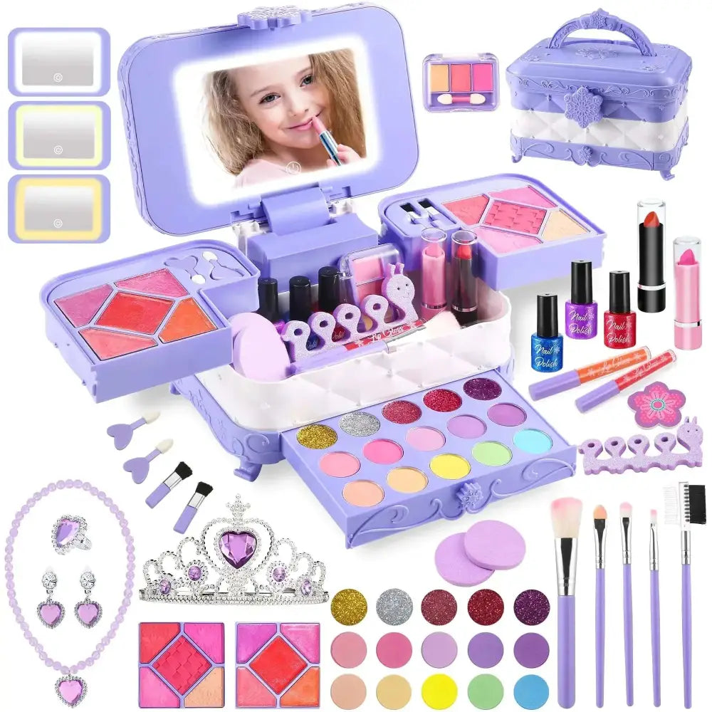Purple plastic kid makeup set with led makeup mirror and compartments holding childrens cosmetics and accessories