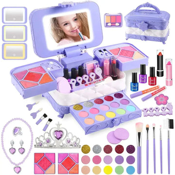 Purple plastic kid makeup set with led makeup mirror and compartments holding childrens cosmetics and accessories