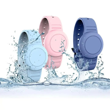 Kids3 pack silicone waterproof airtag holder featuring three wrist-mounted insect repellent devices in blue and pink