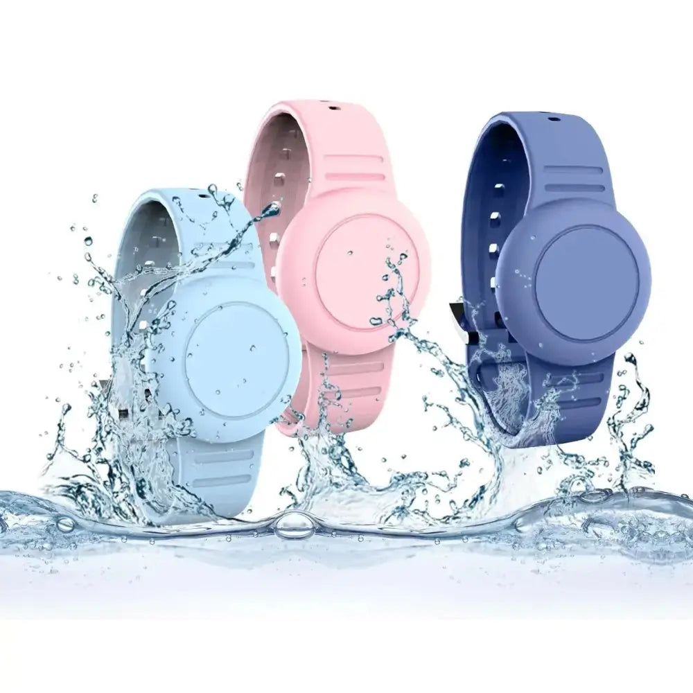 Kids3 pack silicone waterproof airtag holder with three wrist-mounted insect repellent devices in blue and pink colors