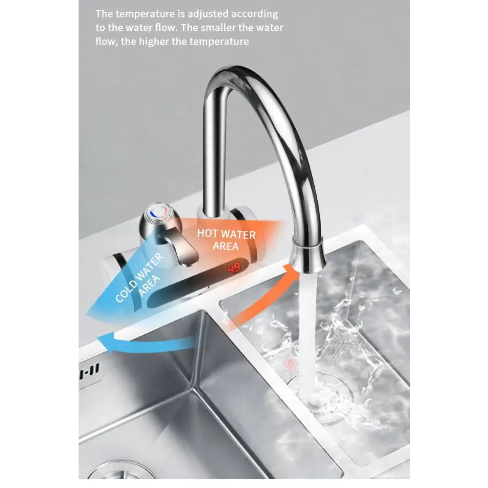 Chrome finished kitchen electric water heater faucet with digital display showing temperature and dual hot cold flow control