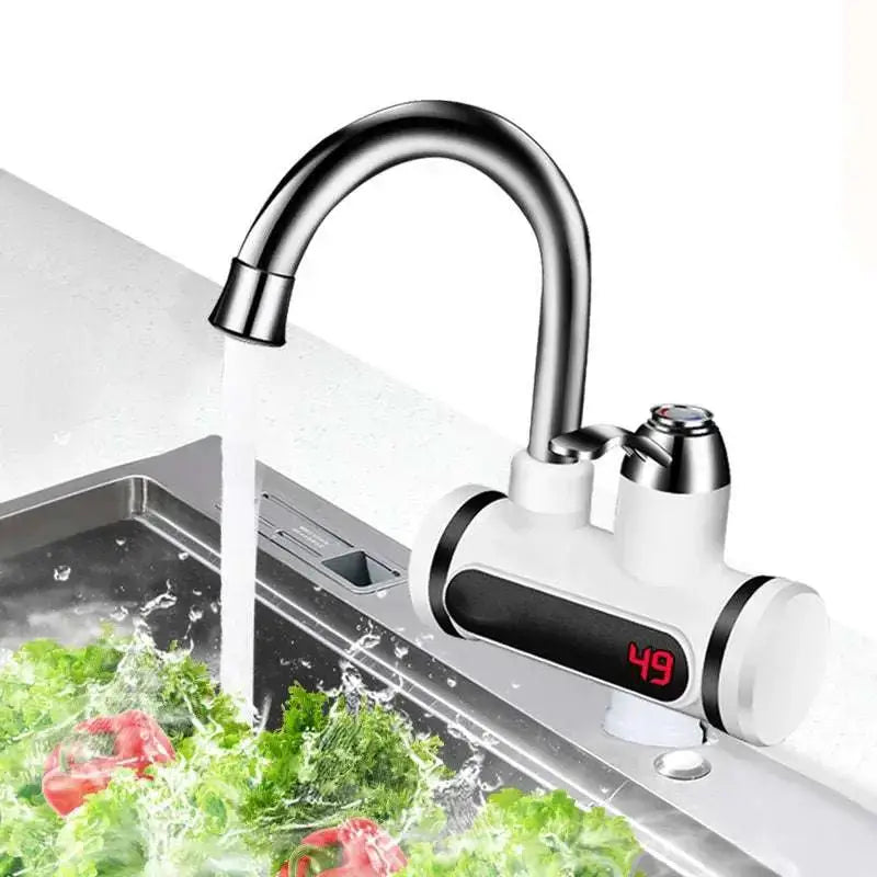 a sleek white and black electric kitchen faucet with a polished chrome spout and digital display showing 49 featured on royalessencelux titanium steel jewelry and collection highlights page.