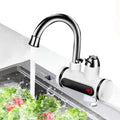A sleek white and black kitchen electric water heater with digital display showing temperature 49 and polished chrome spout