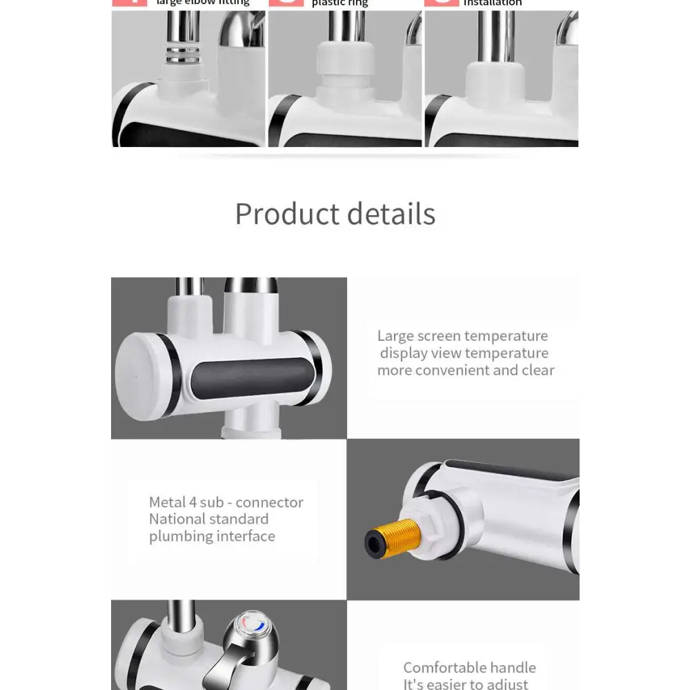 A sleek white and black kitchen electric water heater with digital display showing temperature 49 and polished chrome spout