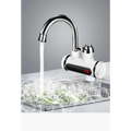 Modern kitchen electric water heater faucet with sleek chrome finish white body and digital display showing temperature