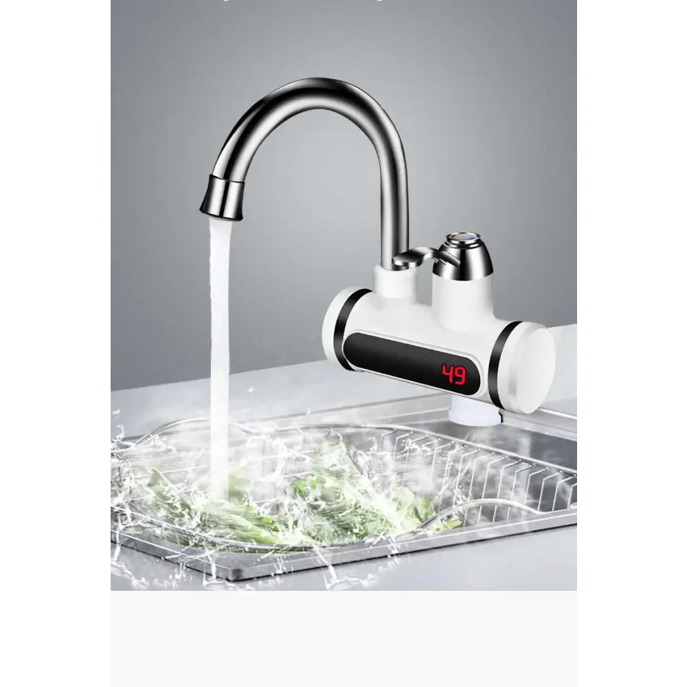 Modern kitchen electric water heater faucet with sleek chrome finish white body and digital display showing temperature