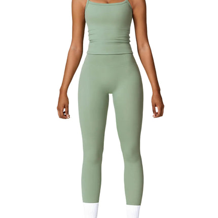 Womens Workout Sets Two Piece Seamless Stretch Cross Back Tank Top Matching Tummy Control High Waist Leggings Set 2 Piece For Women Gym Yoga Active Wear Outfits Athletic Work Out Clothes Green L