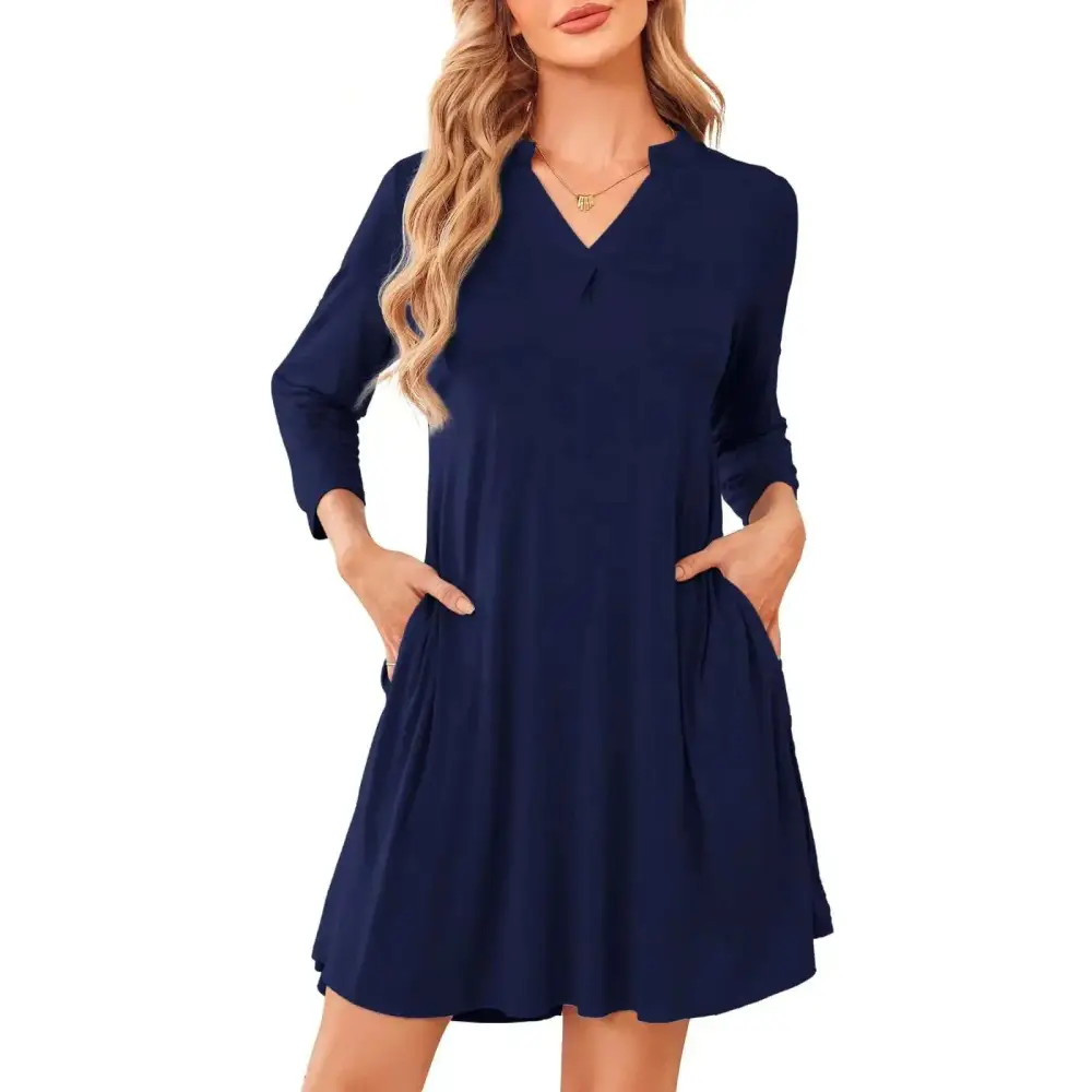 Navy blue knee length dress v neck with long sleeves and side pockets perfect for casual wear