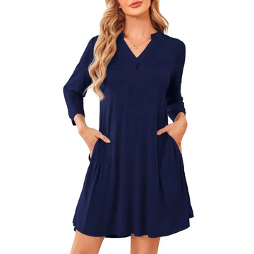 Navy blue knee length dress v neck with long sleeves and side pockets perfect for casual wear