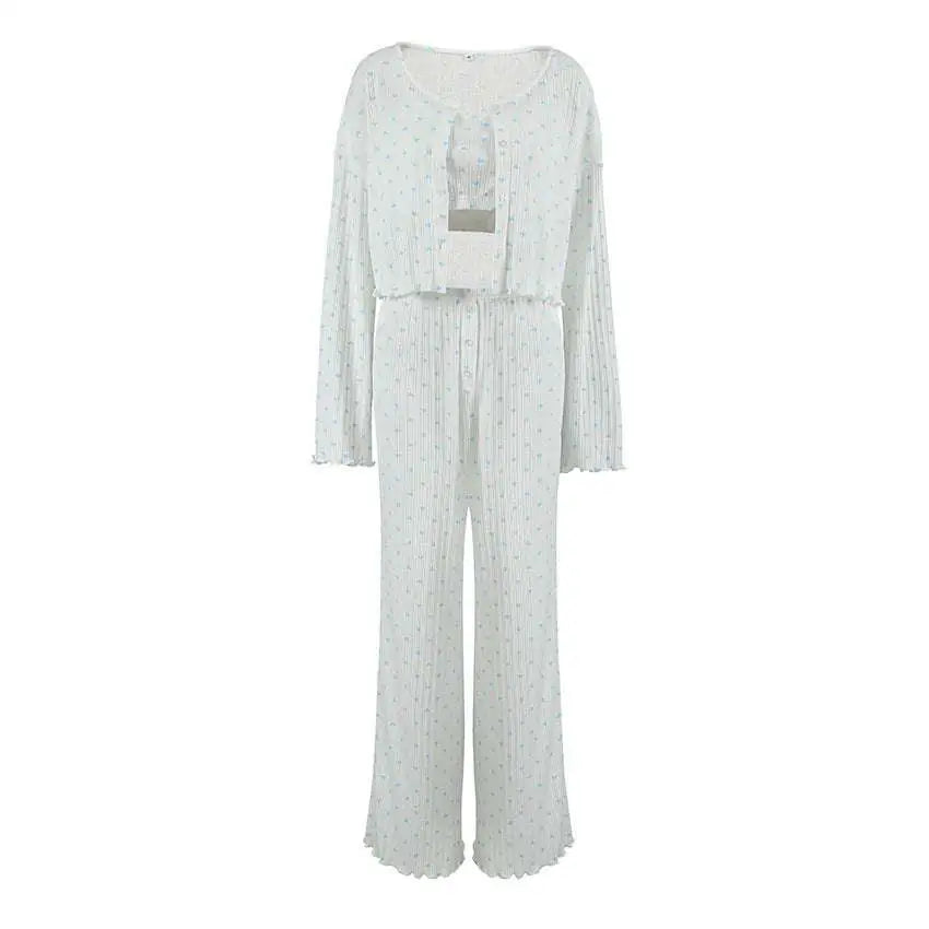 White ribbed loungewear set with knitted heart printing and subtle dot pattern for heart printing comfortable wear
