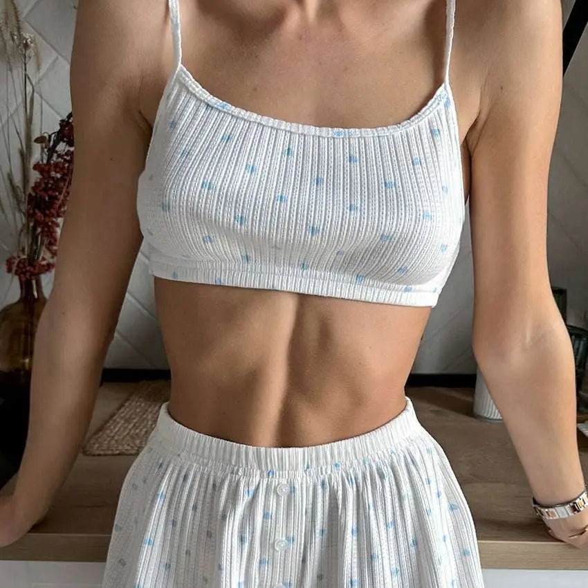 White ribbed crop top with light blue polka dots from knitted heart printing ribbed loungewear set for heart printing comfortable wear