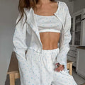 White textured knit pajama set with light blue polka dots and ruffled details in knitted heart printing ribbed loungewear set