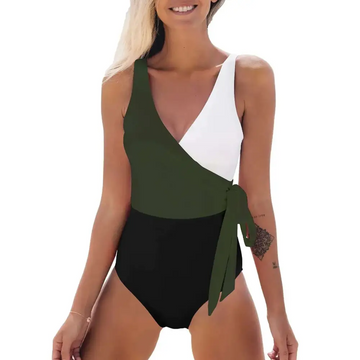 Olive green white and black knotted color block one piece swimsuit with draped knot detail on the side