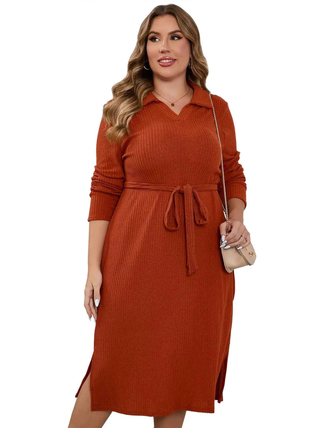 KOJOOIN Women Plus Size Sweater Dress Collar Long Sleeve Side Split Pullover Maxi Knit Sweater Dress with Belt Caramel 3XL - Royalessencelux