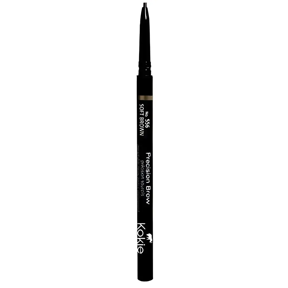 Black precision brow eyeliner pencil with fine tip and gold accent band from kokie cosmetics precision brow ash blonde collection