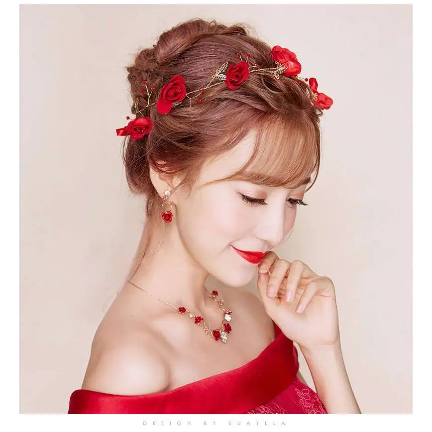 Red floral headpiece with delicate gold wire and fabric roses for korean bridal jewelry red rose necklace set
