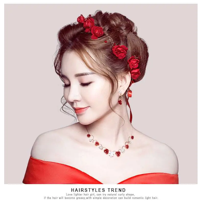 Red floral hair accessory with delicate fabric roses and metallic accents for korean bridal jewelry red rose necklace set