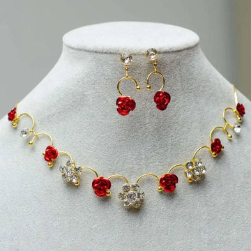Gold-toned korean bridal jewelry red rose necklace set with matching earrings featuring clear crystal flower charms