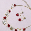 Gold-toned korean bridal jewelry red rose necklace set with alternating red rose and clear crystal flower charms