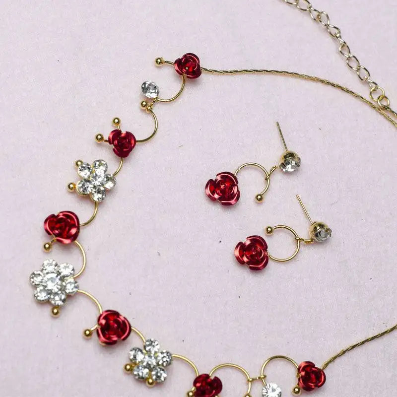 Gold-toned korean bridal jewelry red rose necklace set with alternating red rose and clear crystal flower charms