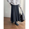 Dark gray korean elastic waist knitted pleated midi skirt with soft textured fabric for comfortable wear
