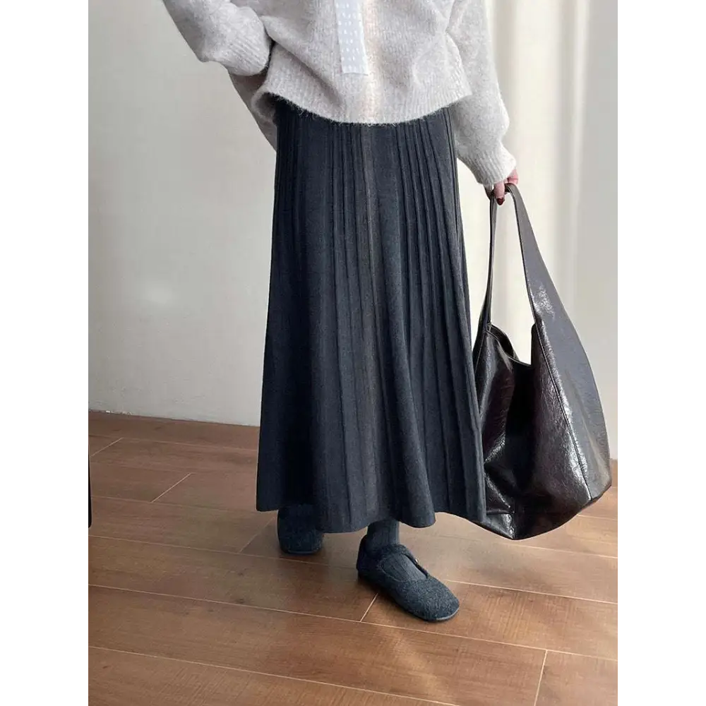 Dark gray korean elastic waist knitted pleated midi skirt with soft textured fabric for comfortable wear