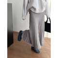 A soft light gray korean elastic waist knitted pleated midi skirt made of cozy knit fabric