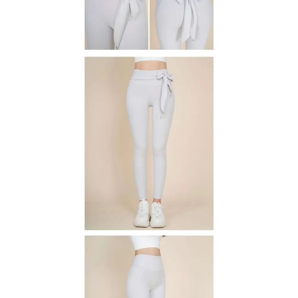 Light gray high waisted bow leggings in korean fashion high style designed for nude sports yoga and casual wear