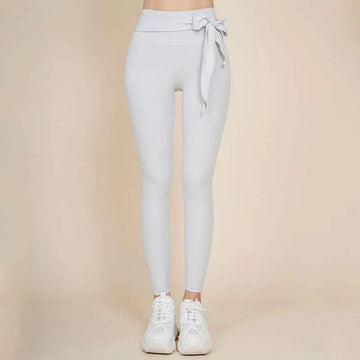 Light gray high waisted bow leggings in korean fashion high style designed for nude sports yoga and casual wear
