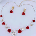 Korean small clear bride red rose necklace and earrings set with red rose and crystal flower pendant on gold-toned chain