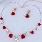 Korean small clear bride red rose necklace and earrings set with red rose and crystal flower pendant on gold-toned chain