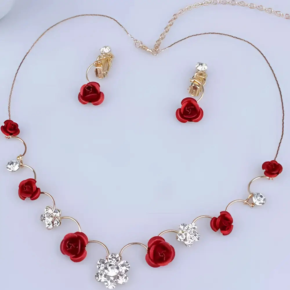Korean small clear bride red rose necklace and earrings set with red rose and crystal flower pendant on gold-toned chain