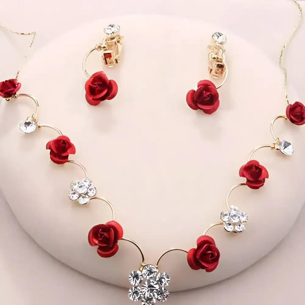 Gold-toned korean small clear bride red rose necklace with vibrant red rose charms and crystal flower accents