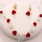 Gold-toned korean small clear bride red rose necklace with vibrant red rose charms and crystal flower accents