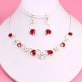 Korean small clear bride red rose necklace and earrings set with red and clear crystal petals and silver-toned accents