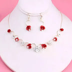 Korean small clear bride red rose necklace and earrings set with red and clear crystal petals and silver-toned accents