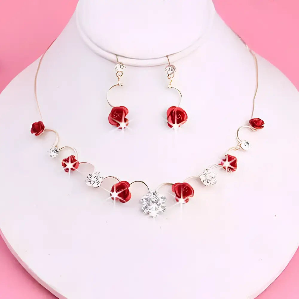 Korean small clear bride red rose necklace and earrings set with red and clear crystal petals and silver-toned accents